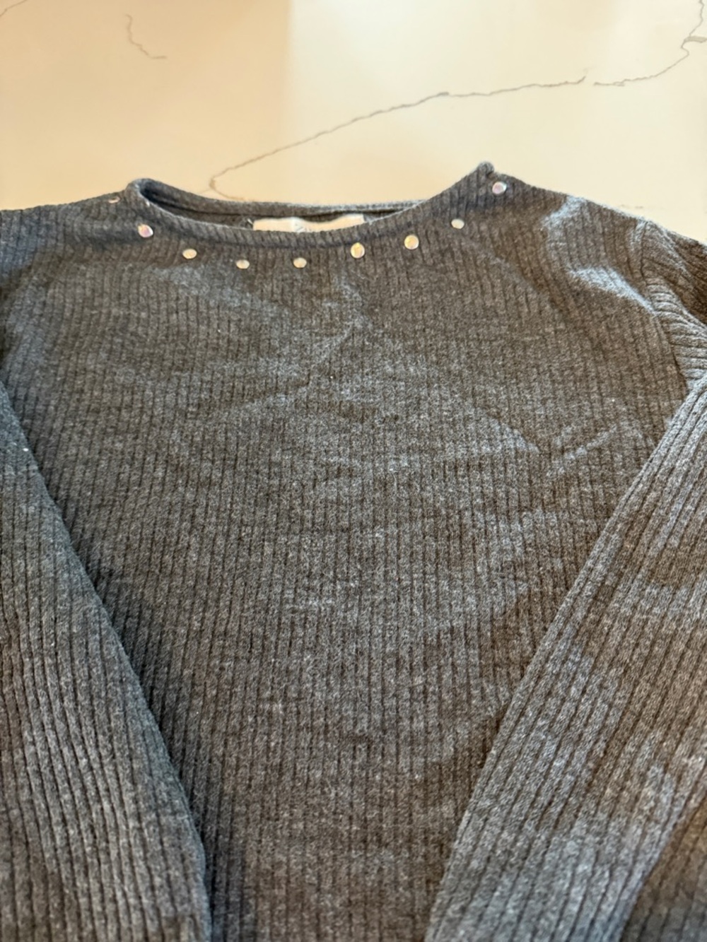 Ribbed Crewneck Sweater with Stud Detail - Charcoal Gray ZARA girls 6